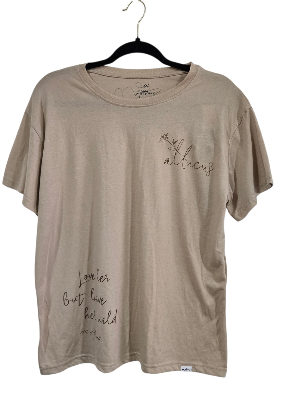 Atticus "Leave Me Wild" Short Sleeve Tee in Beige Script Floral XL New
